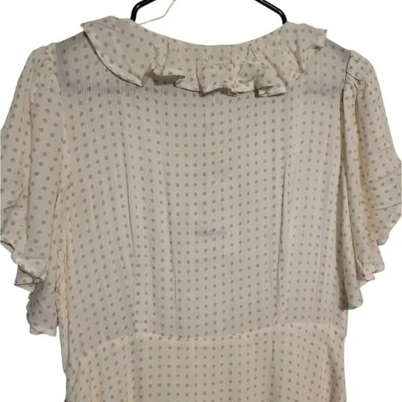 Bohme Ruffle Neck Polka Dot Flutter Sleeve Button Front Boho Midi Dress, L NEW - Picture 5 of 16